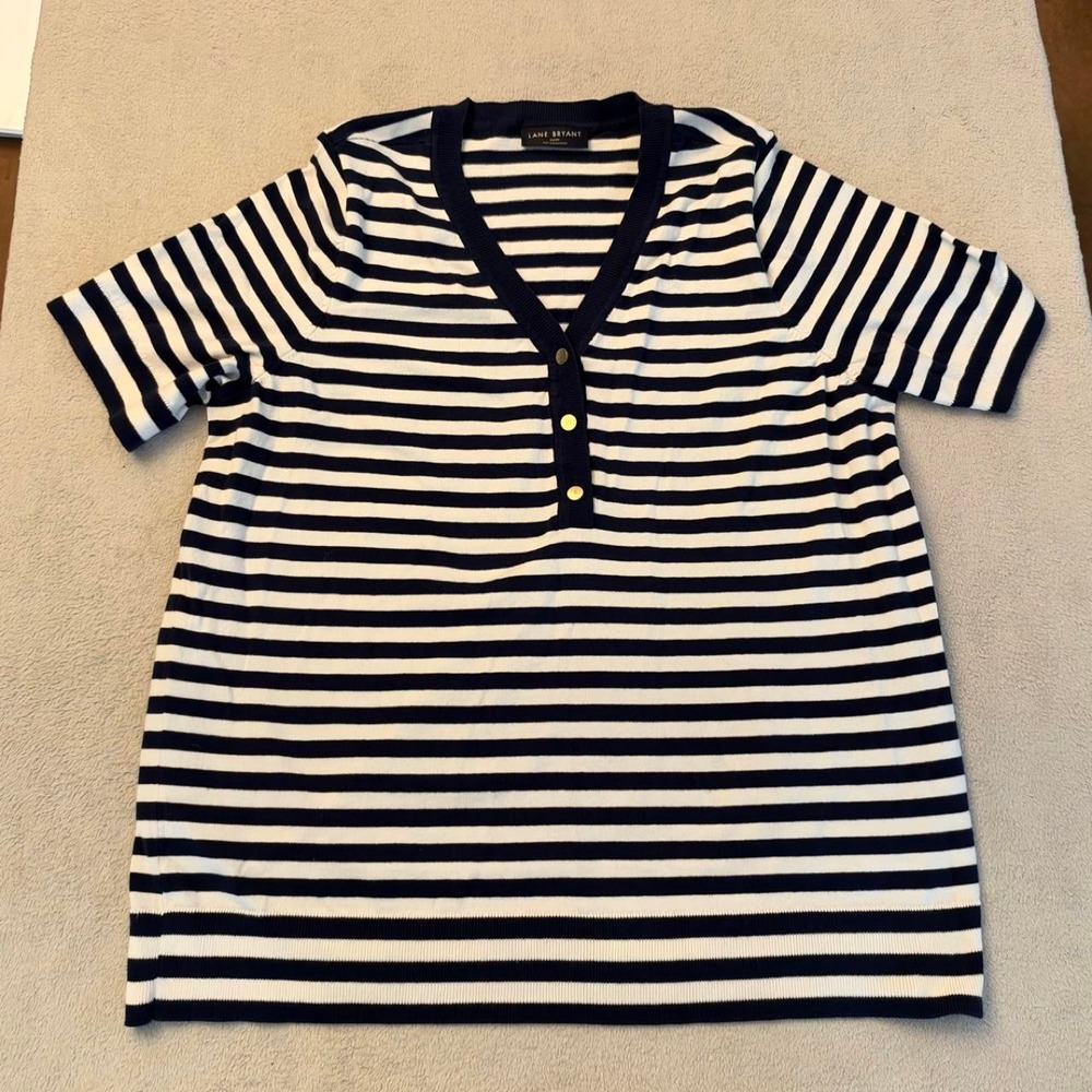 Lane Bryant Womens Navy White Striped V-Neck Short Sleeve Top Plus Size 22/24